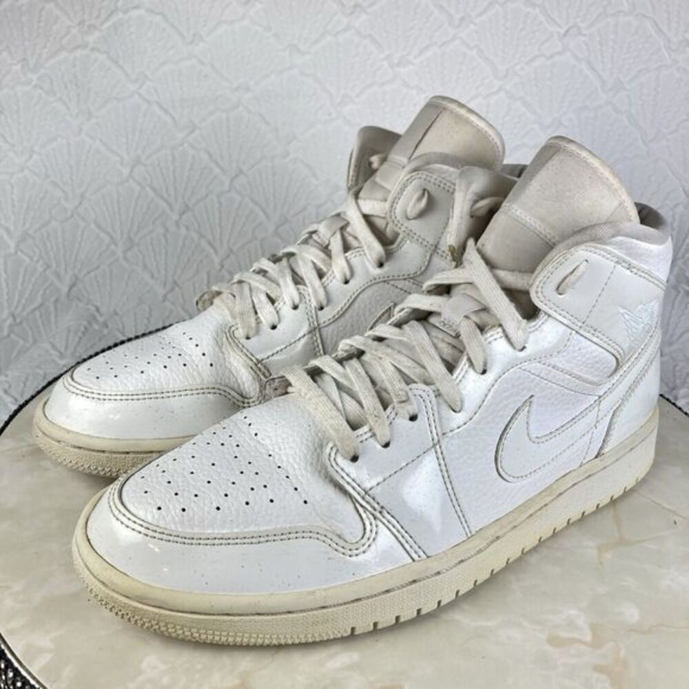 Nike Air Jordan 1 Mid Sneakers Mens 10.5 Triple White Leather High Rise Shoes - Picture 5 of 13